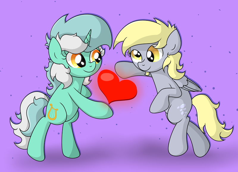 Size: 5746x4164 | Tagged: safe, artist:background basset, derpibooru import, derpy hooves, lyra heartstrings, pegasus, pony, unicorn, bipedal, duo, heart, image, png, simple background