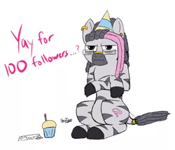 Size: 3568x3072 | Tagged: safe, artist:datzigga, derpibooru import, oc, oc:dizzy, zebra, arms folded, bags under eyes, cupcake, food, glasses, grumpy, hat, image, implied pinkie pie, male, milestone, party hat, piercing, png, sitting, solo, stallion, zebra oc