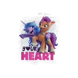 Size: 1200x1200 | Tagged: safe, derpibooru import, official, izzy moonbow, sunny starscout, earth pony, pony, unicorn, my little pony: a new generation, cropped, design, duo, female, g5, heart, image, mare, merchandise, png, shirt design, simple background, text, transparent background