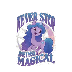 Size: 1200x1200 | Tagged: safe, derpibooru import, official, izzy moonbow, pony, unicorn, my little pony: a new generation, 2d, crescent moon, cropped, design, female, g5, image, mare, merchandise, moon, png, shirt design, simple background, solo, text, transparent background
