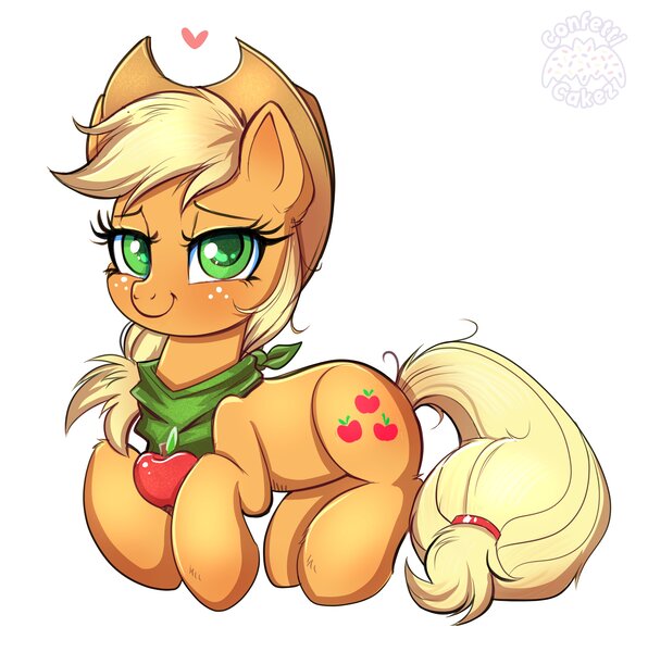 Size: 4070x4096 | Tagged: safe, artist:confetticakez, derpibooru import, applejack, earth pony, pony, absurd resolution, apple, applejack's hat, bandana, colored pupils, cowboy hat, cute, ear fluff, female, food, freckles, hat, heart, image, jackabetes, jpeg, leg fluff, looking at you, lying down, mare, prone, simple background, solo, white background