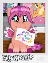 Size: 510x672 | Tagged: safe, artist:jazminakarainy, derpibooru import, applejack, fluttershy, pinkie pie, princess celestia, rainbow dash, rarity, sunny starscout, twilight sparkle, pony, the best night ever, :3, animated, drawing, dresser, eye shimmer, fake wings, female, filly, g5, gif, image, mane six, mouth hold, polaroid, poster, sitting, solo, tail wag, television
