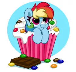 Size: 4600x4376 | Tagged: safe, artist:kittyrosie, derpibooru import, rainbow dash, pegasus, abstract background, chocolate, cupcake, cute, dashabetes, food, image, micro, png, simple background, whipped cream