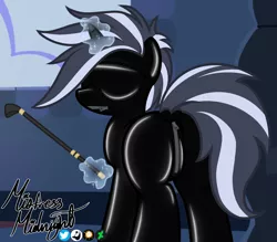 Size: 1950x1708 | Tagged: suggestive, artist:mistress midnight, derpibooru import, oc, oc:mistress, unofficial characters only, pony, unicorn, bdsm, blindfold, bondage, bondage suit, catsuit, clothes, dock, drone, encasement, female, gimp, gimp suit, glowing horn, horn, image, latex, latex mask, latex suit, levitation, looking at you, looking back, looking back at you, magic, magic aura, mare, mohawk, photo, png, raised tail, riding crop, rubber, rubber suit, shine, shiny, solo, tail, telekinesis, two toned mane, two toned tail, zipper, zippermouth
