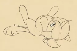 Size: 1280x853 | Tagged: suggestive, artist:suspega, derpibooru import, oc, oc:starlit andante, pony, unicorn, ahegao, belly, big belly, curved horn, eyes rolling back, floppy ears, horn, image, lying down, monochrome, on back, open mouth, png, sketch, smiling, solo, spread legs, spreading, tongue out, unicorn oc, vore