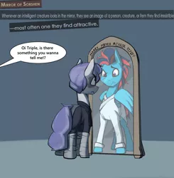 Size: 1192x1216 | Tagged: safe, artist:triplesevens, derpibooru import, oc, oc:andrew swiftwing, oc:triple sevens, unofficial characters only, pegasus, unicorn, blushing, clothes, fantasy class, image, implied shipping, magic mirror, mirror, offscreen character, png, robe, rogue, text, wings