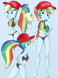 Size: 950x1280 | Tagged: suggestive, artist:ta-na, artist:ta-na edits, edit, twibooru exclusive, rainbow dash, equestria girls, 2 handfuls of dem hips, abs, arm behind head, armpits, barefoot, baseball cap, beach ball, belly button, blue background, branded hem, breasts, butt, cap, clothes, delicious flat chest, feet, female, hat, image, legs, looking at you, looking back, looking back at you, looking down, looking over shoulder, maga hat, make america great again, midriff, png, politics, rainbow flat, rainbutt dash, sexy, simple background, smiling, sports, swimsuit, toes, volleyball