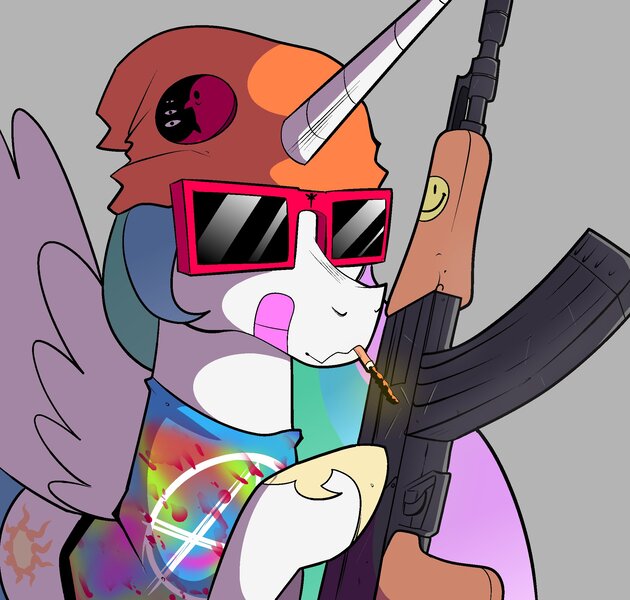 Size: 2100x2000 | Tagged: safe, artist:swagstapiece, derpibooru import, princess celestia, alicorn, pony, ak-47, assault rifle, bandaid, cigarette, clothes, female, gray background, gun, hat, image, jpeg, mare, rifle, shirt, simple background, solo, sunglasses, tie dye, weapon