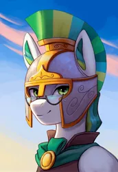 Size: 2000x2914 | Tagged: artist needed, source needed, safe, derpibooru import, oc, oc:shell watch, unofficial characters only, pegasus, equestria at war mod, armor, background, bust, glasses, green eyes, image, jpeg, portrait, spartan, sunrise