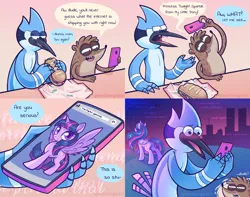 Size: 5960x4700 | Tagged: safe, artist:melangetic, derpibooru import, twilight sparkle, twilight sparkle (alicorn), alicorn, pony, airplanes (song), comic, crossover, crossover shipping, female, food, image, jpeg, male, mare, meme, mobile phone, mordecai, mordetwi, night, phone, regular show, rigby, sandwich, shipping, skyscraper, smartphone, speech bubble, straight, text