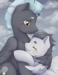 Size: 3775x4905 | Tagged: safe, artist:aquoquoo, derpibooru import, rumble, thunderlane, pegasus, pony, brothers, eyes closed, grin, hug, image, male, open mouth, open smile, png, siblings, smiling, winghug, wings