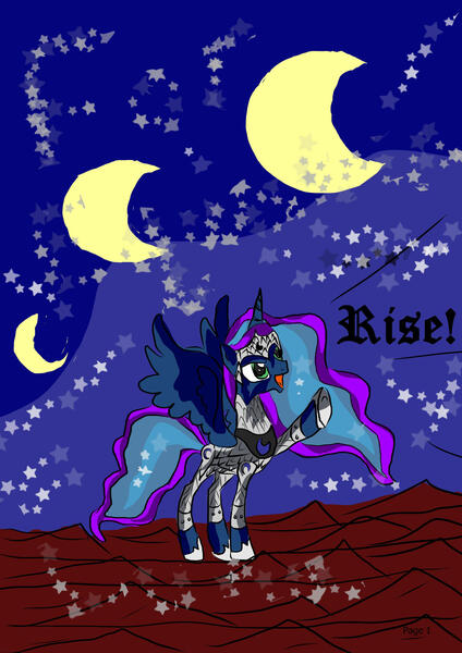 Size: 1240x1754 | Tagged: safe, artist:foxgearstudios, derpibooru import, princess luna, alicorn, pony, armor, crescent moon, hoof shoes, horn, image, jpeg, moon, night, raised hoof, solo, stars, talking, transparent moon, wings