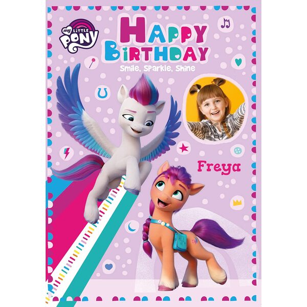 Size: 1500x1500 | Tagged: safe, derpibooru import, official, pipp petals, sunny starscout, earth pony, human, pegasus, pony, abstract background, birthday card, card, female, g5, image, irl, irl human, jpeg, looking down, looking up, mare, merchandise, my little pony logo, photo