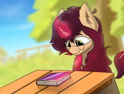 Size: 2700x2064 | Tagged: safe, artist:valthonis, derpibooru import, oc, unofficial characters only, unicorn, blurry background, book, glasses, image, png, table