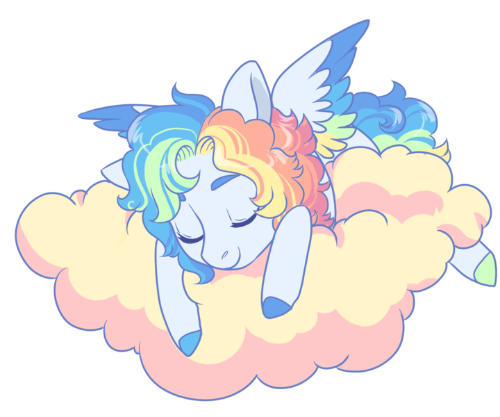 Size: 1200x1000 | Tagged: safe, artist:lavvythejackalope, derpibooru import, oc, unofficial characters only, pegasus, pony, cloud, colored hooves, commission, eyes closed, image, multicolored hair, on a cloud, pegasus oc, png, rainbow hair, simple background, sleeping, solo, transparent background, two toned wings, wings, ych result