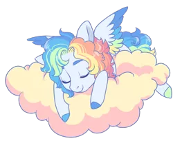 Size: 1200x1000 | Tagged: safe, artist:lavvythejackalope, derpibooru import, oc, unofficial characters only, pegasus, pony, cloud, colored hooves, commission, eyes closed, image, multicolored hair, on a cloud, pegasus oc, png, rainbow hair, simple background, sleeping, solo, transparent background, two toned wings, wings, ych result