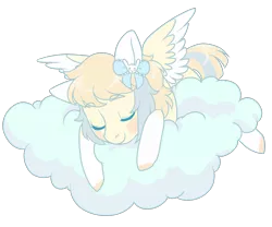 Size: 1200x1000 | Tagged: safe, artist:lavvythejackalope, derpibooru import, oc, unofficial characters only, pegasus, pony, blush sticker, blushing, bow, cloud, colored hooves, commission, eyes closed, hair bow, image, on a cloud, pegasus oc, png, simple background, sleeping, solo, transparent background, two toned wings, wings, ych result