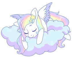 Size: 1200x1000 | Tagged: safe, artist:lavvythejackalope, derpibooru import, oc, unofficial characters only, pegasus, pony, cloud, commission, eyes closed, image, multicolored hair, on a cloud, pegasus oc, png, rainbow hair, simple background, sleeping, smiling, solo, transparent background, two toned wings, wings, ych result