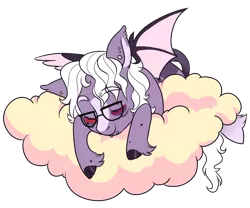 Size: 1200x1000 | Tagged: safe, artist:lavvythejackalope, derpibooru import, oc, unofficial characters only, bat pony, pony, bat pony oc, bat wings, cloud, colored hooves, commission, eyes closed, glasses, image, on a cloud, png, simple background, sleeping, solo, transparent background, wings, ych result