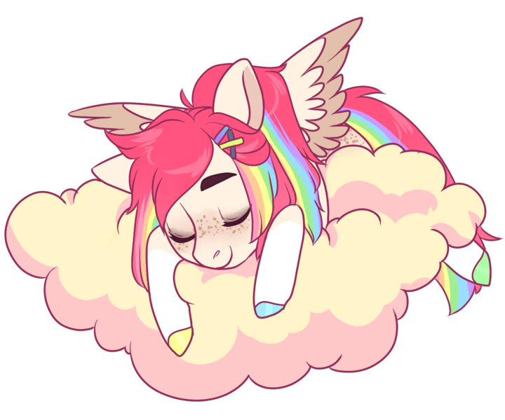 Size: 1200x1000 | Tagged: safe, artist:lavvythejackalope, derpibooru import, oc, unofficial characters only, pegasus, pony, cloud, colored hooves, commission, eyes closed, freckles, image, on a cloud, pegasus oc, png, simple background, sleeping, solo, transparent background, two toned wings, wings, ych result