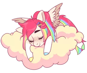 Size: 1200x1000 | Tagged: safe, artist:lavvythejackalope, derpibooru import, oc, unofficial characters only, pegasus, pony, cloud, colored hooves, commission, eyes closed, freckles, image, on a cloud, pegasus oc, png, simple background, sleeping, solo, transparent background, two toned wings, wings, ych result