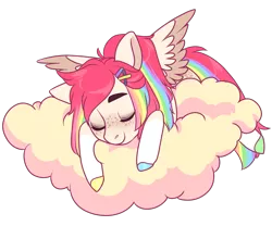 Size: 1200x1000 | Tagged: safe, artist:lavvythejackalope, derpibooru import, oc, unofficial characters only, pegasus, pony, cloud, colored hooves, commission, eyes closed, freckles, image, on a cloud, pegasus oc, png, simple background, sleeping, solo, transparent background, two toned wings, wings, ych result