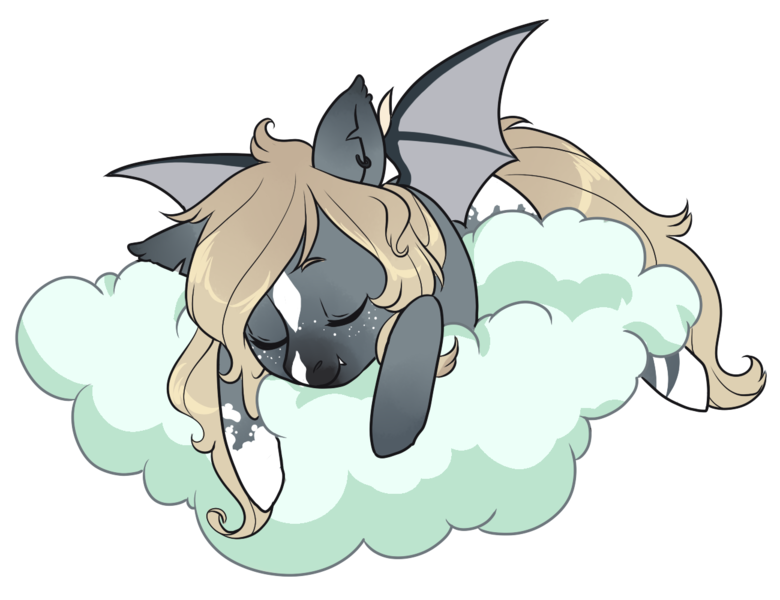 Size: 1300x1000 | Tagged: safe, artist:lavvythejackalope, derpibooru import, oc, unofficial characters only, bat pony, pony, bat pony oc, bat wings, cloud, commission, eyes closed, image, on a cloud, png, simple background, sleeping, solo, transparent background, wings, ych result