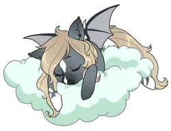 Size: 1300x1000 | Tagged: safe, artist:lavvythejackalope, derpibooru import, oc, unofficial characters only, bat pony, pony, bat pony oc, bat wings, cloud, commission, eyes closed, image, on a cloud, png, simple background, sleeping, solo, transparent background, wings, ych result