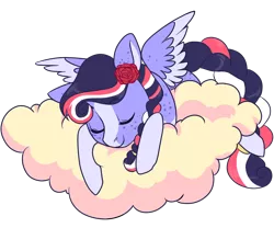 Size: 1200x1000 | Tagged: safe, artist:lavvythejackalope, derpibooru import, oc, unofficial characters only, pegasus, pony, braided tail, cloud, commission, eyes closed, flower, flower in hair, image, on a cloud, pegasus oc, png, rose, simple background, sleeping, solo, transparent background, two toned wings, wings, ych result