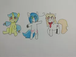 Size: 4000x3000 | Tagged: safe, artist:cherro, derpibooru import, oc, oc:cherry blossom, oc:mal, oc:viewing pleasure, unofficial characters only, bipedal, bowtie, image, jpeg, traditional art