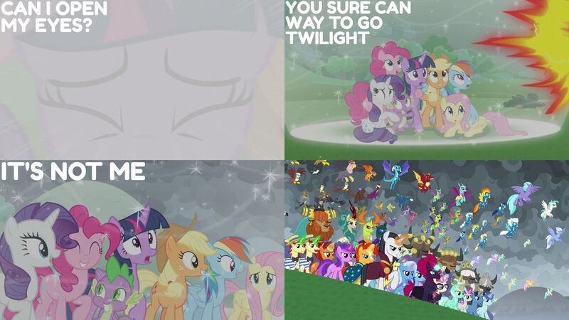 Size: 1280x720 | Tagged: safe, derpibooru import, edit, edited screencap, editor:quoterific, screencap, applejack, bon bon, flam, flim, fluttershy, garble, lemon hearts, lyra heartstrings, minuette, moondancer, pinkie pie, princess ember, rainbow dash, rarity, soarin', spike, spitfire, tempest shadow, trixie, twilight sparkle, twilight sparkle (alicorn), alicorn, dragon, earth pony, hippogriff, pegasus, pony, unicorn, yak, season 9, the ending of the end, spoiler:s09, ^^, applejack's hat, clothes, cowboy hat, eyes closed, female, flim flam brothers, hat, image, jpeg, male, mane seven, mane six, mare, open mouth, smiling, stallion, uniform, winged spike, wonderbolts uniform