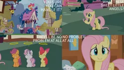 Size: 1280x720 | Tagged: safe, derpibooru import, edit, edited screencap, editor:quoterific, screencap, apple bloom, fluttershy, scootaloo, sweetie belle, earth pony, pegasus, pony, unicorn, season 1, stare master, ^^, adorabloom, apple bloom's bow, bow, cute, cutealoo, cutie mark crusaders, diasweetes, eyes closed, female, filly, hair bow, image, mare, png, smiling