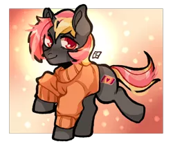 Size: 2400x2000 | Tagged: safe, artist:harald_horfager, oc, oc:apricot sweaters, unofficial characters only, pony, unicorn, abstract background, artfight, clothes, colored pupils, image, looking at you, male, png, simple background, smiling, solo, stallion, sweater, transparent background