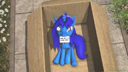 Size: 1920x1080 | Tagged: safe, artist:christian69229, derpibooru import, oc, oc:delly, unofficial characters only, pony, unicorn, 3d, box, cardboard box, collar, cute, female, image, letter, looking at you, mare, mouth hold, ocbetes, png, pony in a box, sitting, smiling, solo, source filmmaker