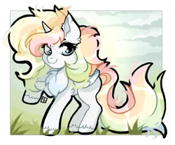 Size: 2400x2000 | Tagged: safe, artist:harald_horfager, oc, oc:white rainbow, unofficial characters only, alicorn, pony, artfight, chest fluff, cloud, female, grass, image, long tail, looking at you, mare, markings, multicolored hair, one hoof raised, png, simple background, smiling, smiling at you, solo, spots, standing, transparent background, unshorn fetlocks