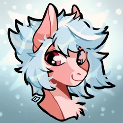 Size: 1700x1700 | Tagged: safe, artist:harald_horfager, oc, oc:candyfloss, unofficial characters only, earth pony, pony, abstract background, artfight, bust, chest fluff, female, head, heterochromia, image, mare, markings, png, portrait, smiling, solo