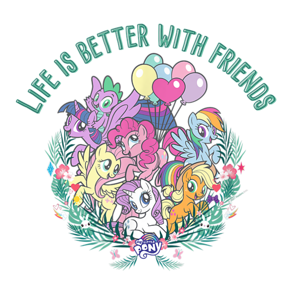 Size: 700x701 | Tagged: safe, derpibooru import, official, applejack, fluttershy, pinkie pie, rainbow dash, rarity, spike, twilight sparkle, twilight sparkle (alicorn), alicorn, dragon, earth pony, pegasus, pony, unicorn, balloon, design, female, flower, g4, heart, image, leaf, male, mane seven, mane six, mare, merchandise, my little pony logo, png, shirt design, simple background, text, transparent background