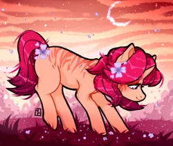 Size: 1900x1600 | Tagged: safe, artist:harald_horfager, oc, oc:strawberry, unofficial characters only, pony, unicorn, artfight, cloud, female, flower, gradient hooves, grass, image, looking down, mare, markings, moon, petals, png, profile, solo, stripes