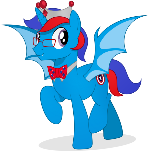 Size: 4561x4661 | Tagged: safe, artist:pumpkinpieforlife, derpibooru import, oc, oc:kingdisneymarvel, alicorn, bat pony, bat pony alicorn, pony, absurd resolution, bat wings, bowtie, crown, glasses, horn, image, jewelry, male, png, regalia, simple background, solo, stallion, transparent background, vector, wings