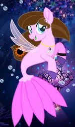 Size: 966x1623 | Tagged: safe, artist:eclipse-knight15, derpibooru import, oc, unofficial characters only, pegasus, pony, seapony (g4), base used, blue eyes, brown mane, bubble, dorsal fin, female, fin wings, fish tail, flowing mane, flowing tail, glow, image, jewelry, looking at you, necklace, ocean, open mouth, png, seaponified, seaquestria, smiling, solo, species swap, tail, underwater, water, wings