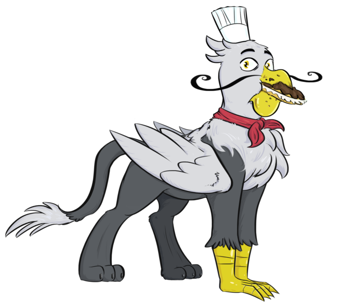 Size: 1727x1567 | Tagged: safe, artist:testostepone, derpibooru import, part of a set, gustave le grande, gryphon, chef's hat, eating, eclair, facial hair, food, g4 mega collab, hat, image, looking at you, majestic as fuck, male, png, simple background, solo, surprised, transparent background