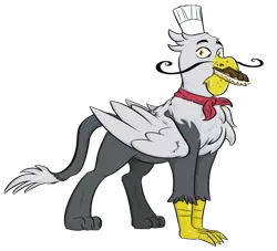 Size: 1727x1567 | Tagged: safe, artist:testostepone, derpibooru import, part of a set, gustave le grande, gryphon, chef's hat, eating, eclair, facial hair, food, g4 mega collab, hat, image, looking at you, majestic as fuck, male, png, simple background, solo, surprised, transparent background