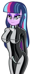 Size: 2451x5883 | Tagged: suggestive, artist:severity-gray, derpibooru import, sci-twi, twilight sparkle, equestria girls, alternate hairstyle, bodysuit, breasts, busty twilight sparkle, clothes, collar, cutie mark accessory, cutie mark collar, female, glasses, glow, heterochromia, image, latex, latex suit, looking at you, png, powerful sparkle, smiling, smiling at you, solo, zipper