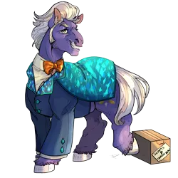 Size: 5906x5906 | Tagged: safe, artist:sourcherry, derpibooru import, gladmane, earth pony, pony, bowtie, box, cardboard box, clothes, cutie mark, facial hair, g4 mega collab, image, looking at you, png, smiling, smiling at you, solo