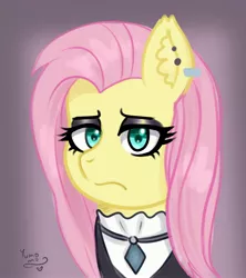 Size: 3200x3600 | Tagged: safe, artist:yumomochan, derpibooru import, fluttershy, pony, colored sketch, ear fluff, female, fluttergoth, goth, image, jpeg, mare, piercing, simple background, sketch, solo