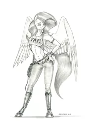 Size: 1000x1387 | Tagged: safe, artist:baron engel, derpibooru import, fluttershy, anthro, pegasus, unguligrade anthro, boots, breasts, bullwhip, busty fluttershy, clothes, female, image, jpeg, monochrome, panties, pants, pencil drawing, shoes, smiling, solo, thong, traditional art, underwear