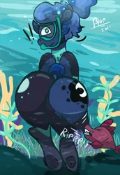 Size: 1400x2040 | Tagged: suggestive, artist:azulejo, derpibooru import, princess luna, alicorn, fish, assisted exposure, butt, clothes, exclamation point, eyes closed, frog (hoof), image, large butt, looking at you, looking back, looking back at you, moonbutt, plot, png, ripping clothes, scuba mask, snorkel, surprised, swimming, swimsuit, text, underhoof, underwater