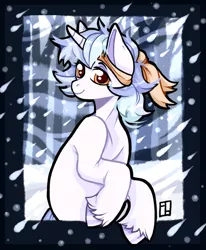 Size: 1600x1941 | Tagged: safe, artist:harald_horfager, oc, oc:snow sprinkle, unofficial characters only, pony, unicorn, artfight, colored hooves, female, forest, forest background, headband, image, looking at you, mare, png, smiling, smiling at you, snow, snowfall, solo, tree, unshorn fetlocks, wind, winter