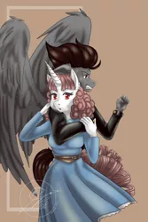 Size: 1000x1500 | Tagged: safe, derpibooru import, anthro, pegasus, unicorn, black, bully, clothes, commission, cute, delinquent, dress, gray, image, jbcblank, jpeg, maroon, pink, white, wings