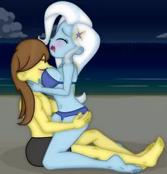 Size: 1920x1988 | Tagged: suggestive, artist:grapefruit-face, artist:uzzi-ponydubberx, derpibooru import, trixie, oc, oc:grapefruit face, equestria girls, ass, barefoot, beach, belly button, big breasts, bikini, blushing, breasts, butt, canon x oc, clothes, cowgirl position, excited, feet, female, grapexie, image, imminent sex, legs, male, moaning, moaning in pleasure, open mouth, patreon, png, shipping, sitting, straight, swimsuit